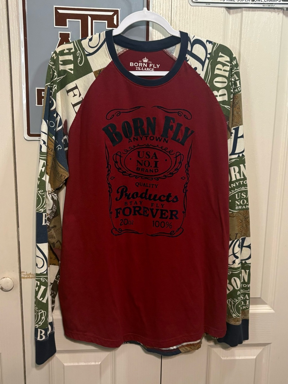 Born Fly Men’s Long-Sleeve Raglan Shirt in Burgundy with Patterned Sleeves